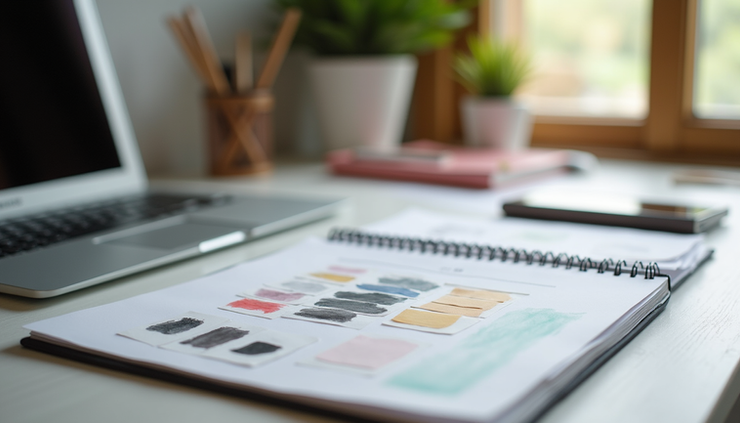 Eye-level view of a designer’s workspace with sketchbooks, color swatches, and a laptop