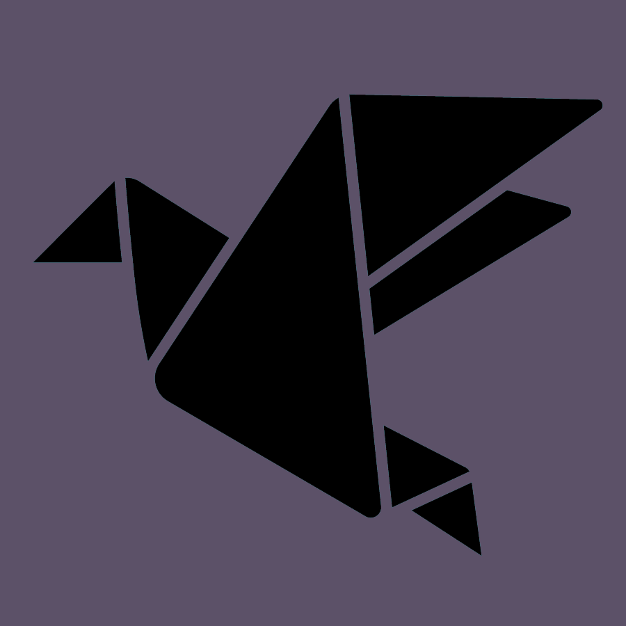 Origami-style black bird silhouette on a purple background. The geometric design features sharp angles and abstract shapes.