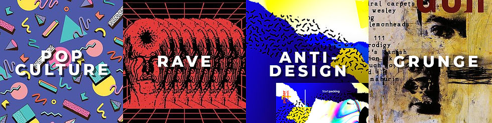 Four panels depict styles: Pop Culture with colorful shapes, Rave in red with distorted figures, Anti-Design abstract in blue/yellow, Grunge with textured faces.