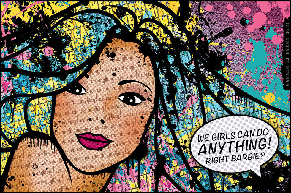 Colorful pop art of a woman with speech bubble.