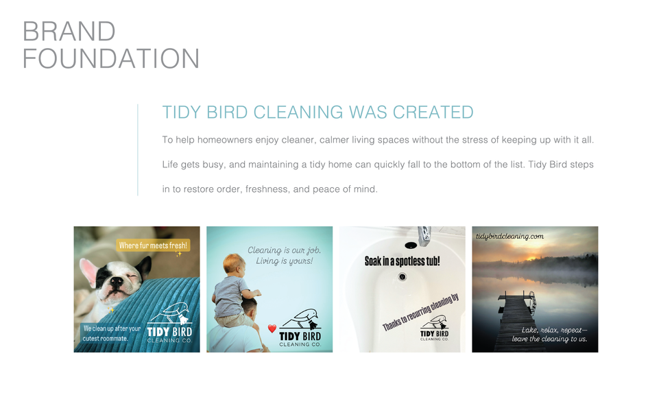 Tidy Bird Cleaning promotional images and mission statement.