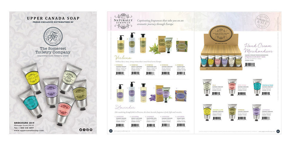 1. Cosmetic products displayed on a catalog page.
2. Skincare items arranged with labels and packaging.