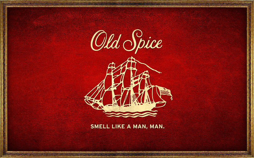 Old Spice ad with a vintage ship design on a red background. Text reads "Old Spice" and "Smell like a man, man." Framed in gold.