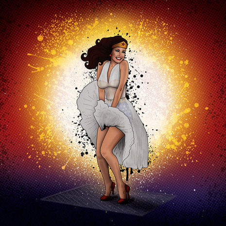 Cartoon woman in white dress, colorful background.