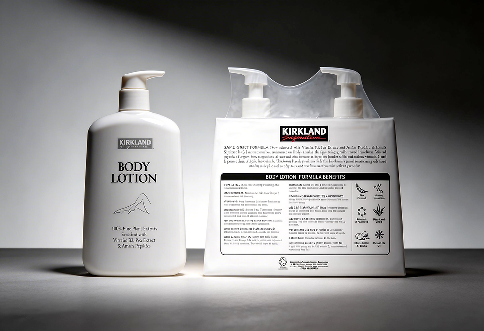 Kirkland Signature body lotion bottles on a gray surface. One bottle and a pack, with labels visible, in a softly lit setting.