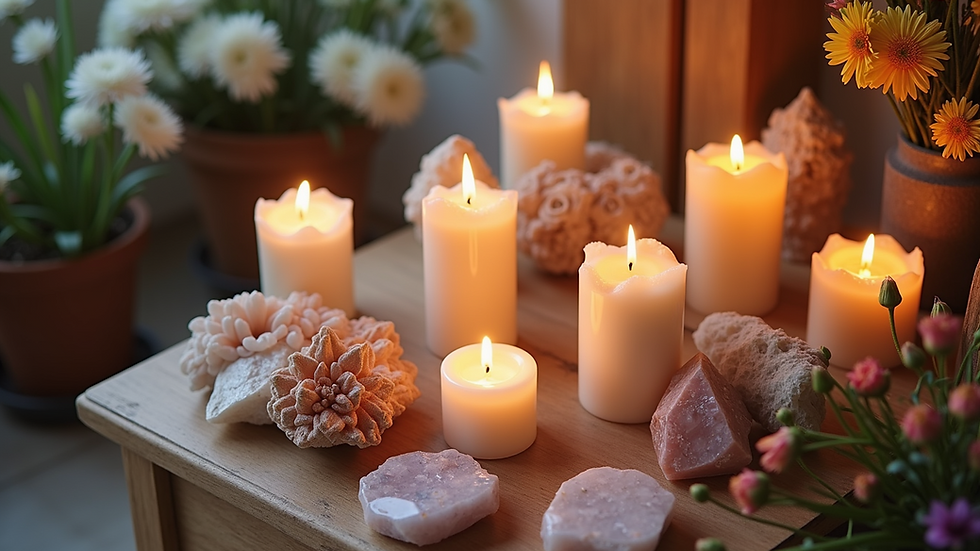High angle view of a peaceful altar with candles, crystals, and flowers