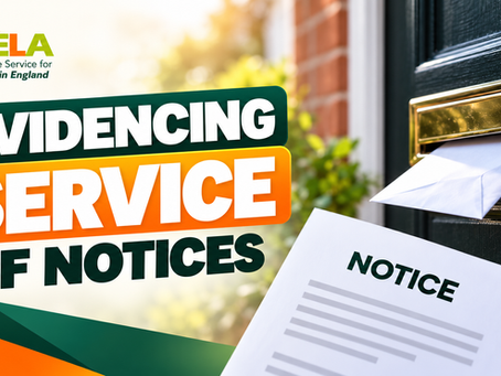 ELA graphic titled “Evidencing Service of Notices”, showing a notice and envelope being delivered through the letterbox of a rental property.