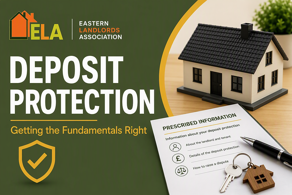 ELA deposit protection poster with house model, keys, and form on desk; text: Eastern Landlords Association and Prescribed Information