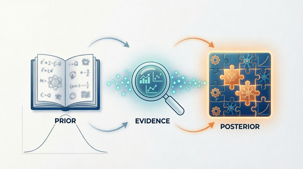 Infografía del proceso de inferencia bayesiana que muestra la transición de "Prior" a "Posterior" a través de la "Evidence". La imagen incluye un libro con fórmulas matemáticas (Prior), una lupa analizando gráficos de datos (Evidence) y un rompecabezas completándose con redes neuronales (Posterior), acompañados por una curva de distribución de probabilidad.