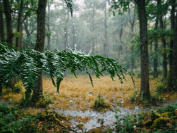 Rama de helecho mojada con gotas de lluvia en un bosque verde y nublado.