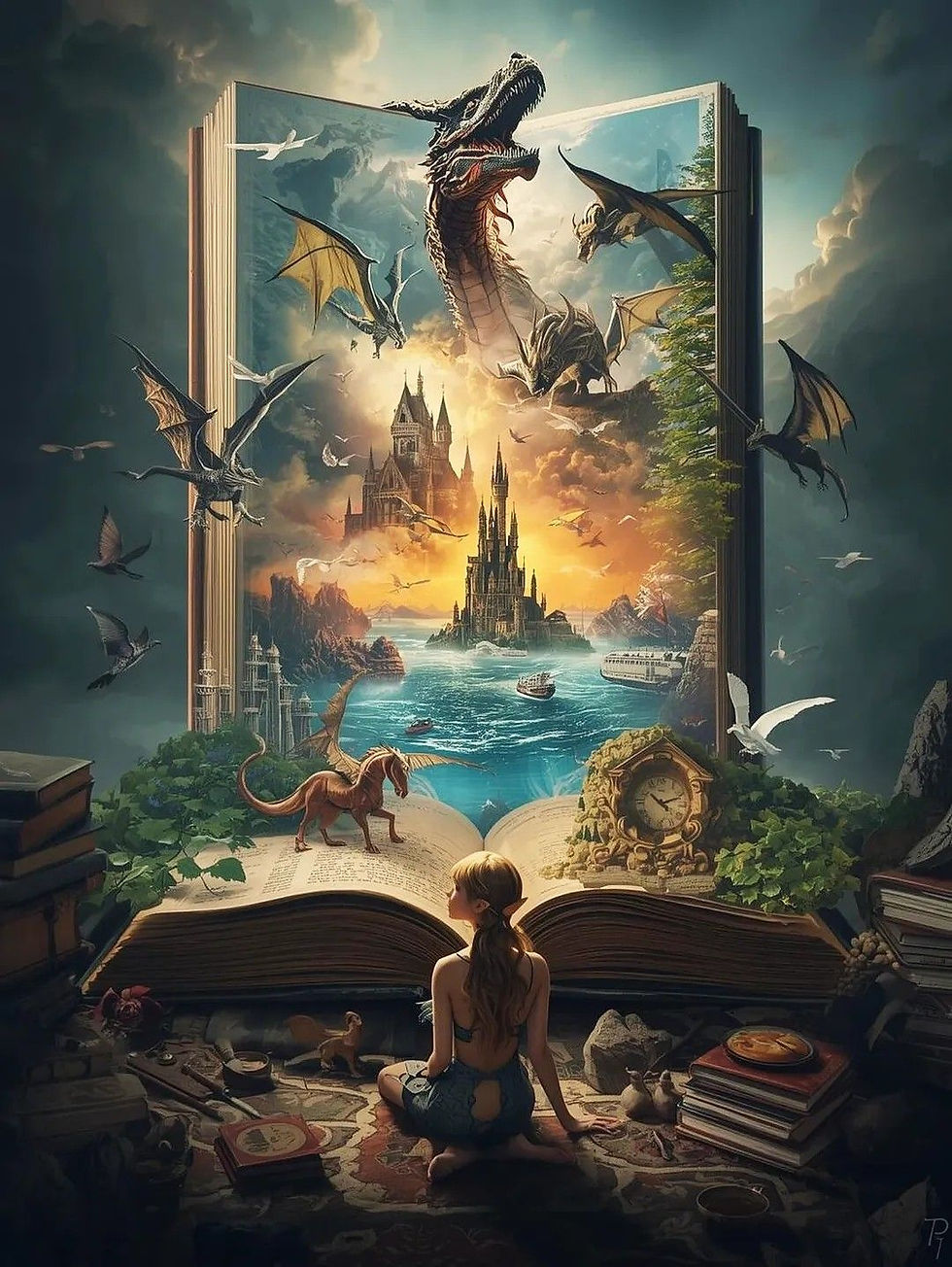 Ilustración fantástica de un libro abierto del que emerge un mundo mágico con dragones volando, castillos sobre el mar y criaturas míticas, mientras una niña observa sentada rodeada de libros, simbolizando la imaginación, la lectura y la fantasía.