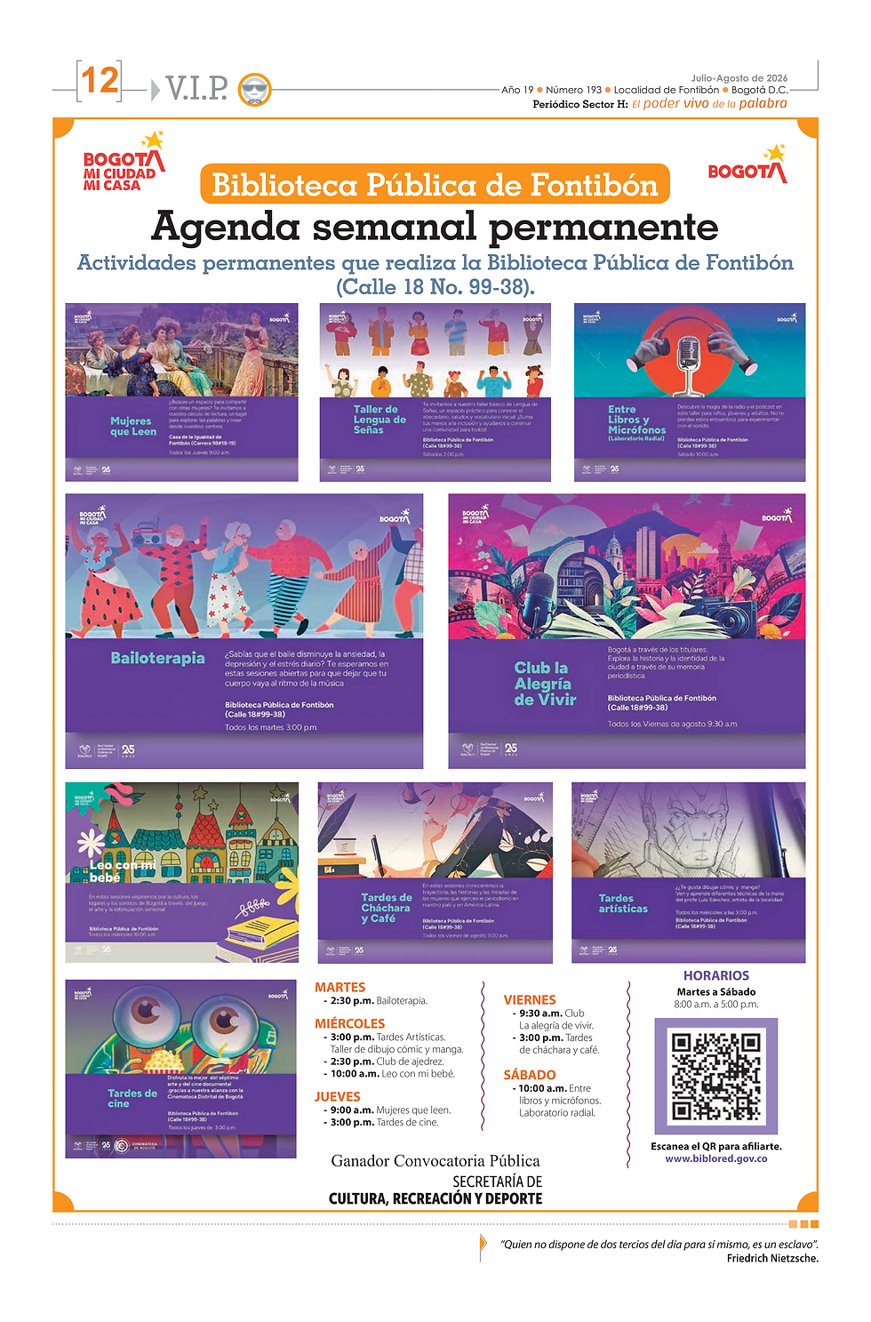 Afiche de la Biblioteca Pública de Fontibón con agenda semanal, talleres, bailoterapia y QR; fondo blanco y morado.