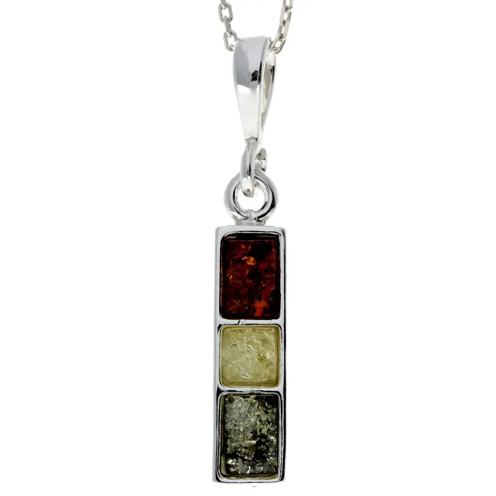 925 Sterling Silver & Baltic Amber Three Stone Classic Pendant necklace