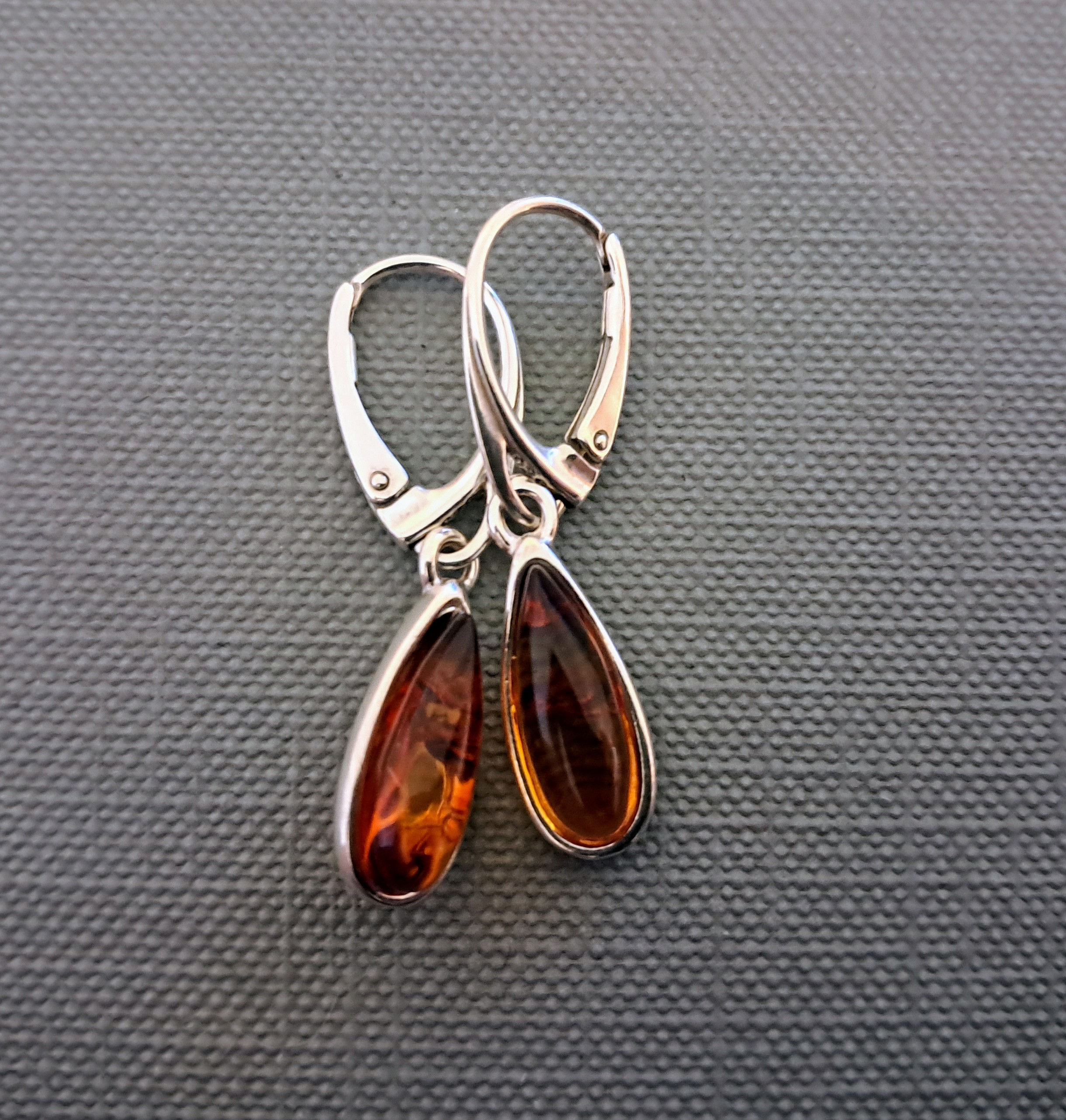 925 Sterling Silver & Baltic Amber Modern Teardrop Drop / Dangle Earrings