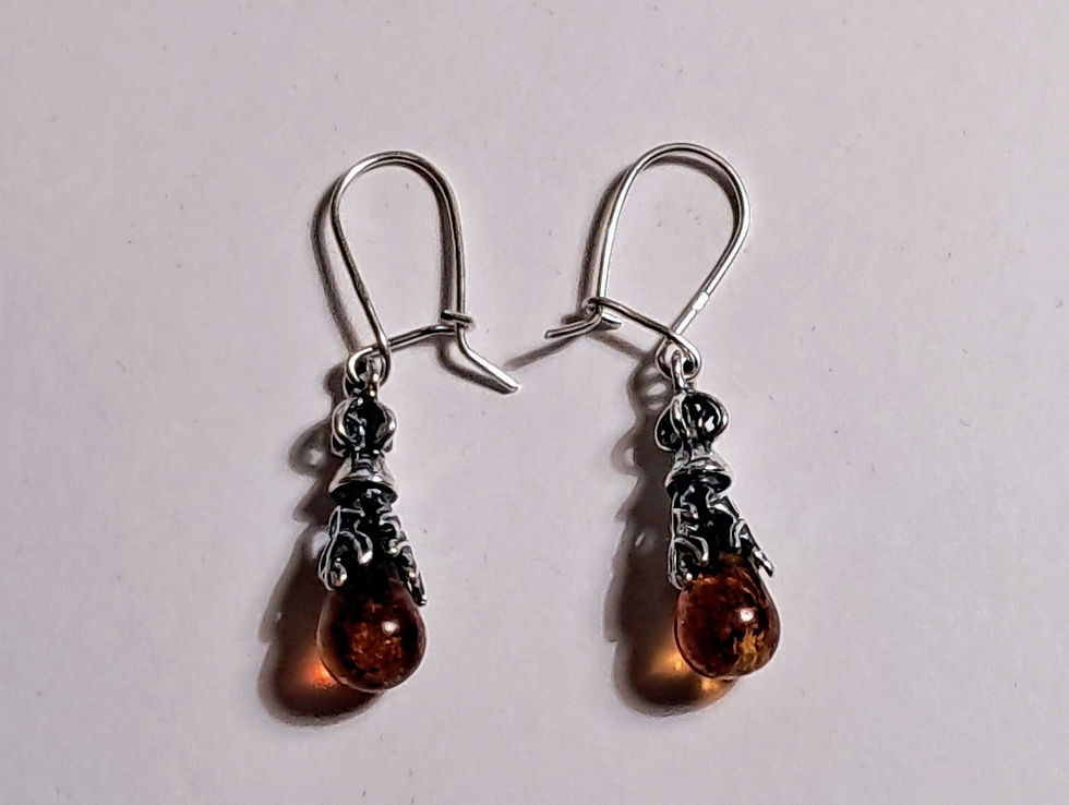 Thumbnail: 925 Sterling silver, Cognac Amber drops with leaf design overlay drop earrings 