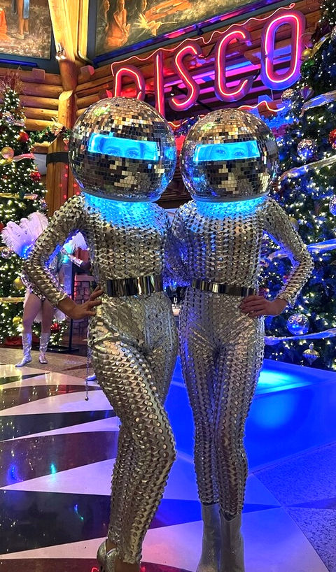 Roaming talent at event in Disco Ball costumes