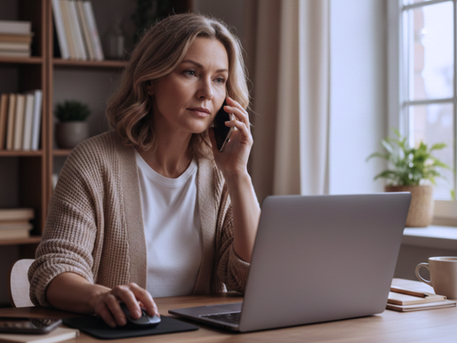 Frau telefoniert vor einem Laptop