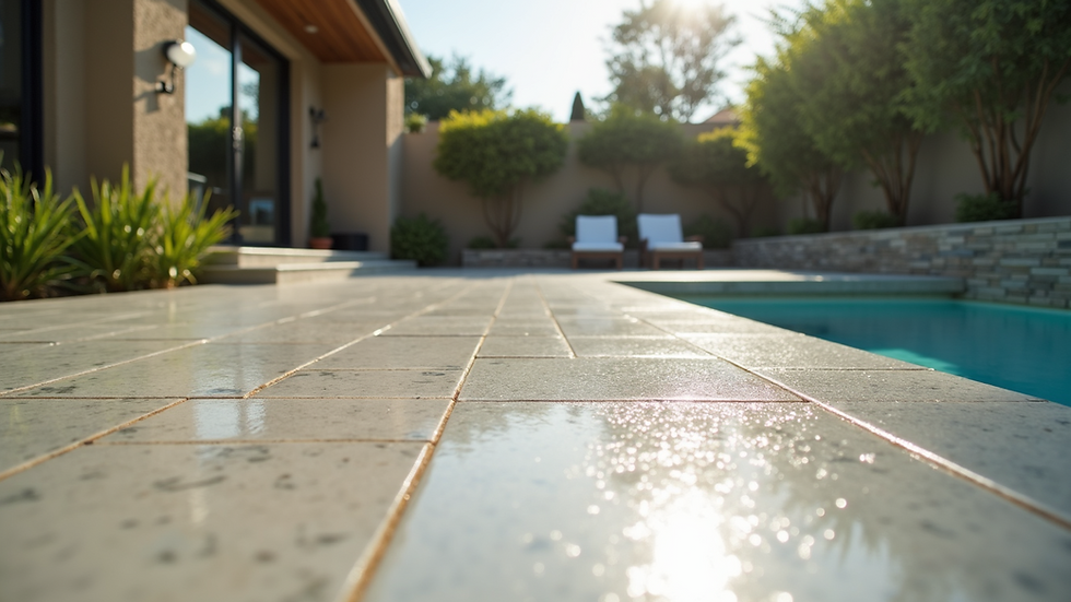 Eye-level view of a beautifully finished epoxy patio with a modern design