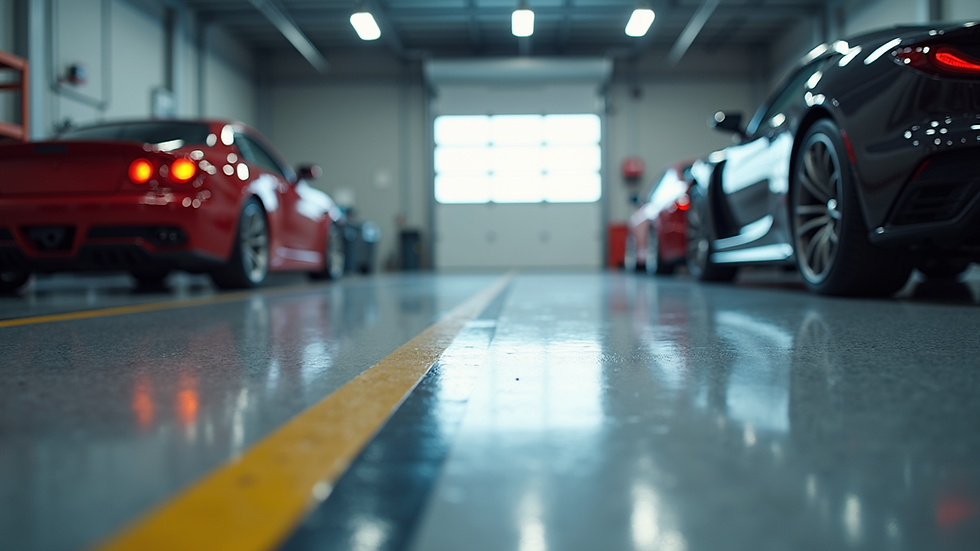 Eye-level view of a garage with shiny epoxy flooring
