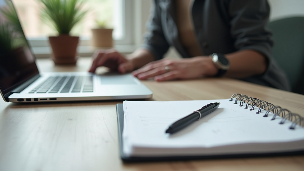 Close-up view of a modern workspace with a laptop and planner