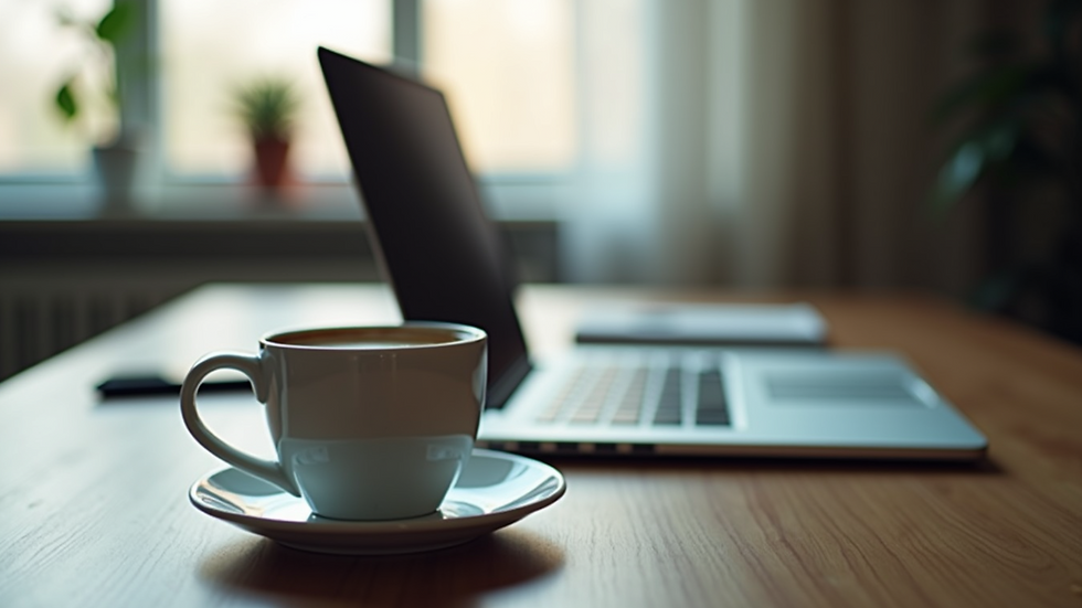 Wide angle view of an open laptop and coffee cup on a desk