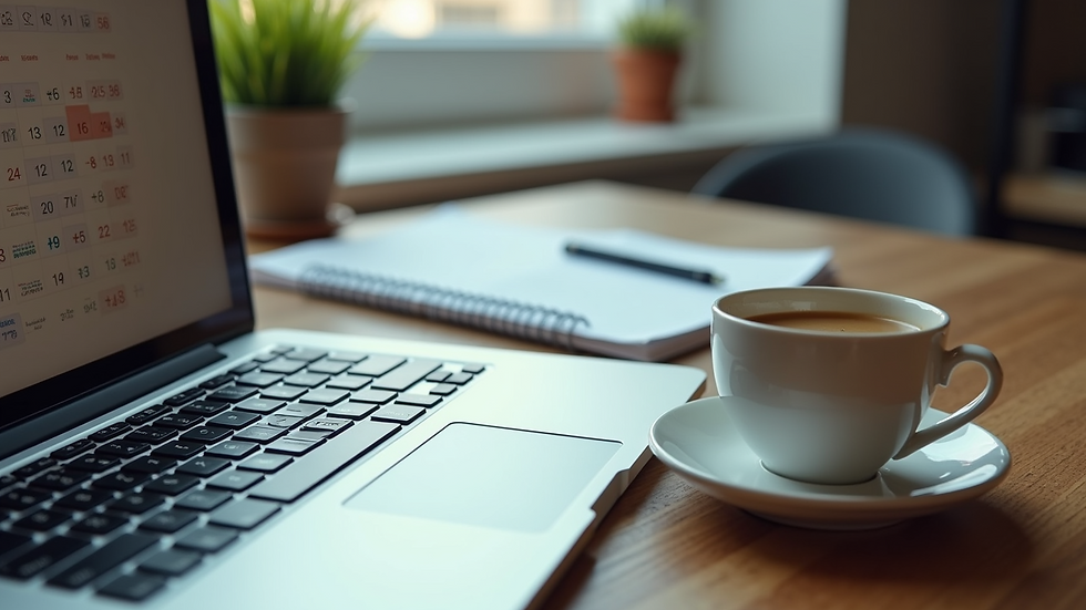 Eye-level view of a laptop with a digital calendar and coffee cup