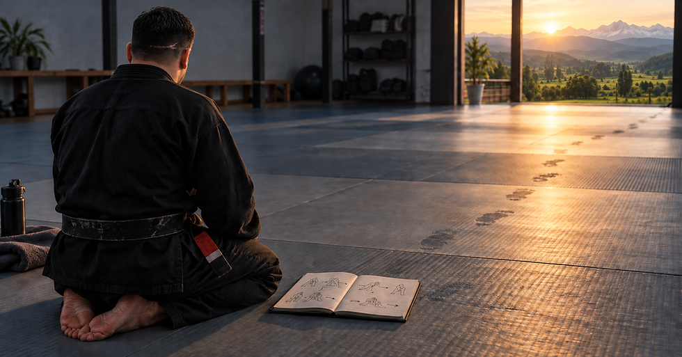 Practicante de Jiu-Jitsu sentado en seiza frente a un amanecer en el campo chileno.