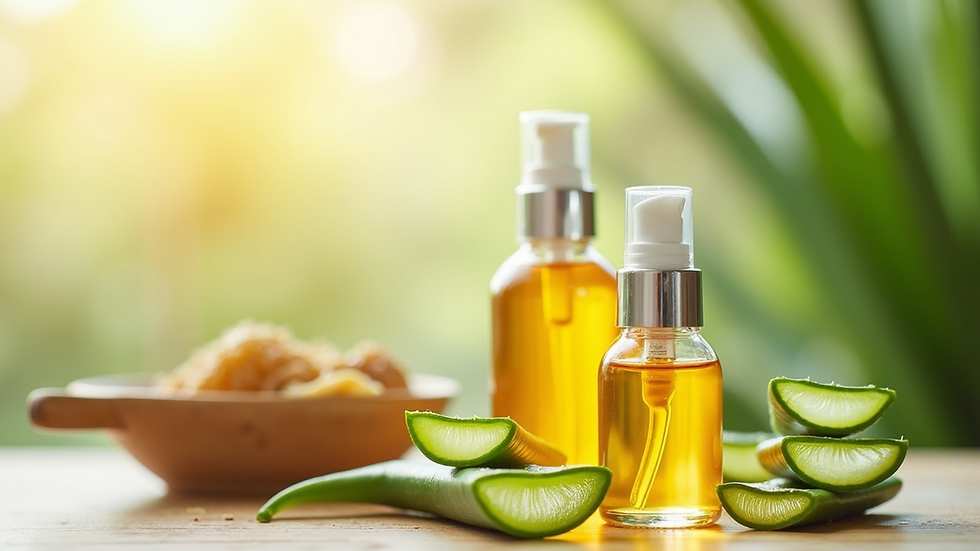 Eye-level view of natural skincare products with honey and aloe vera