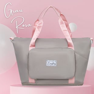 Die Everyday Tasche in Grau Rosa. Grauer Stoff mit Rosa Griffen. 