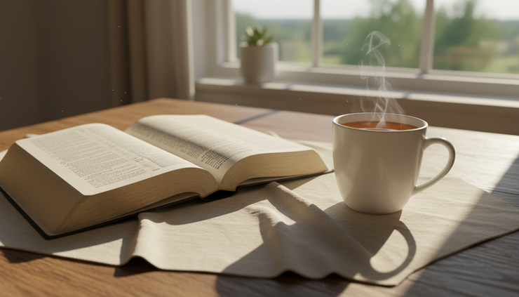Eye-level view of an open Bible beside a cup of tea near a window.
