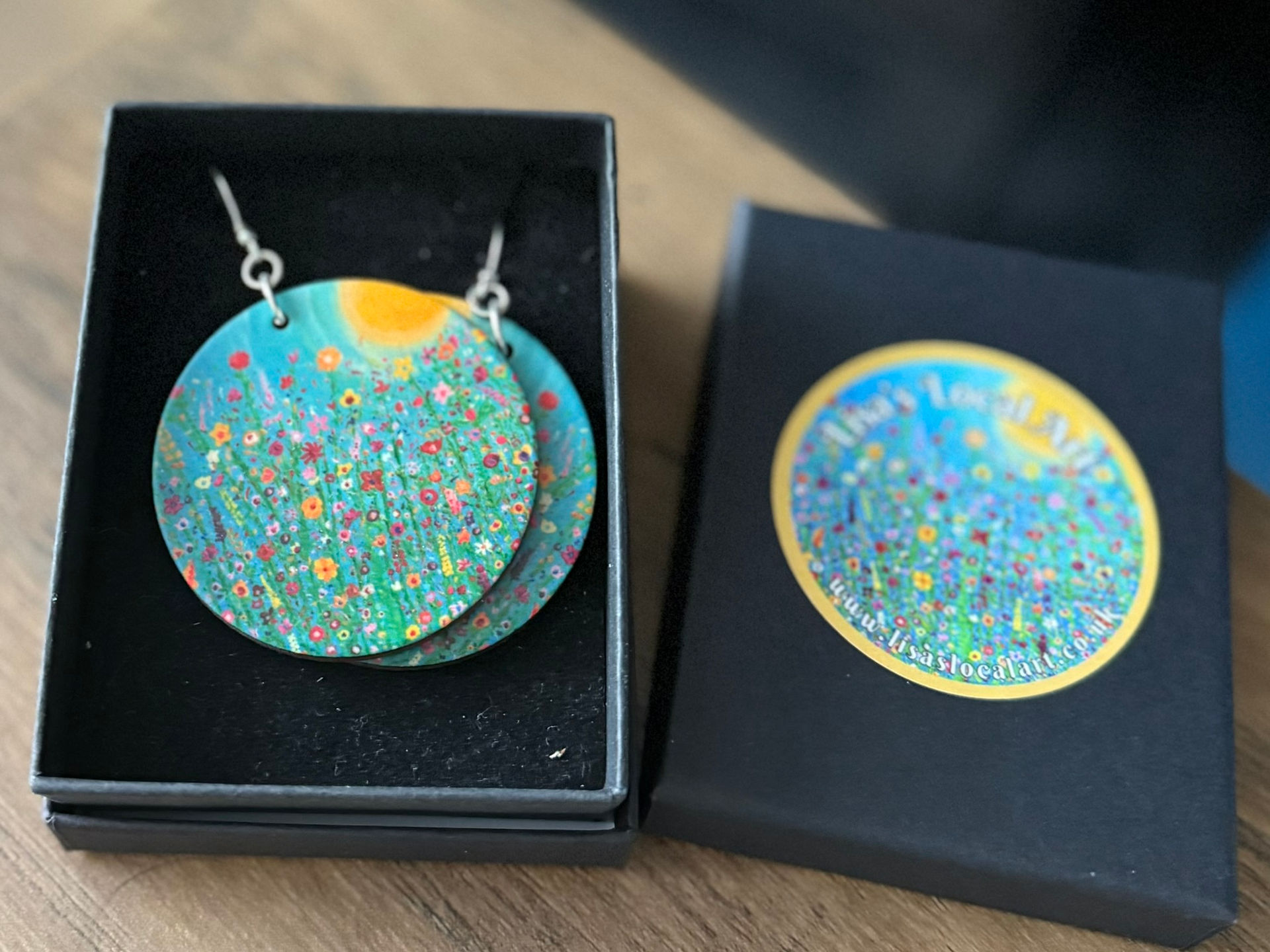 Earrings featuring original artwork by Lisa's Local Art Sun Blue