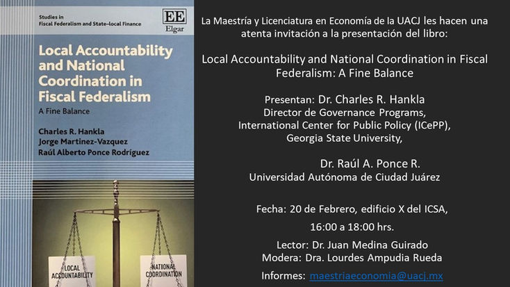 Comentarán el libro: "Local Accountability and National Coordination in Fiscal Federalism: A Fi