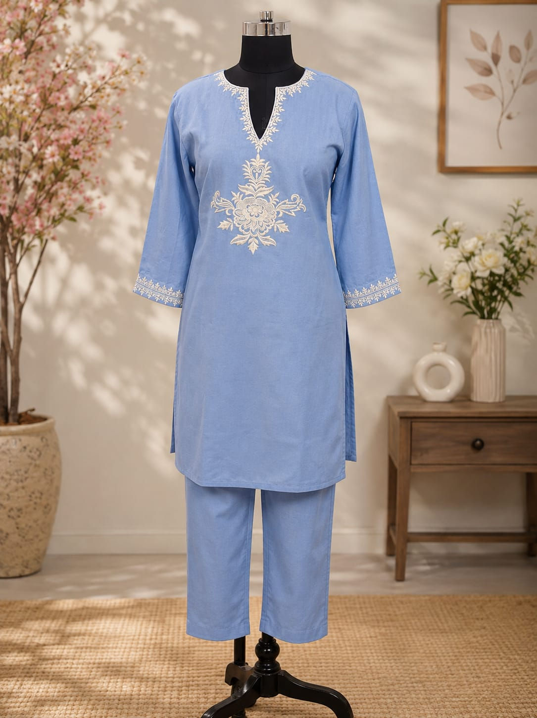 POWDER BLUE FLORAL EMBROIDERED CO-ORD SET