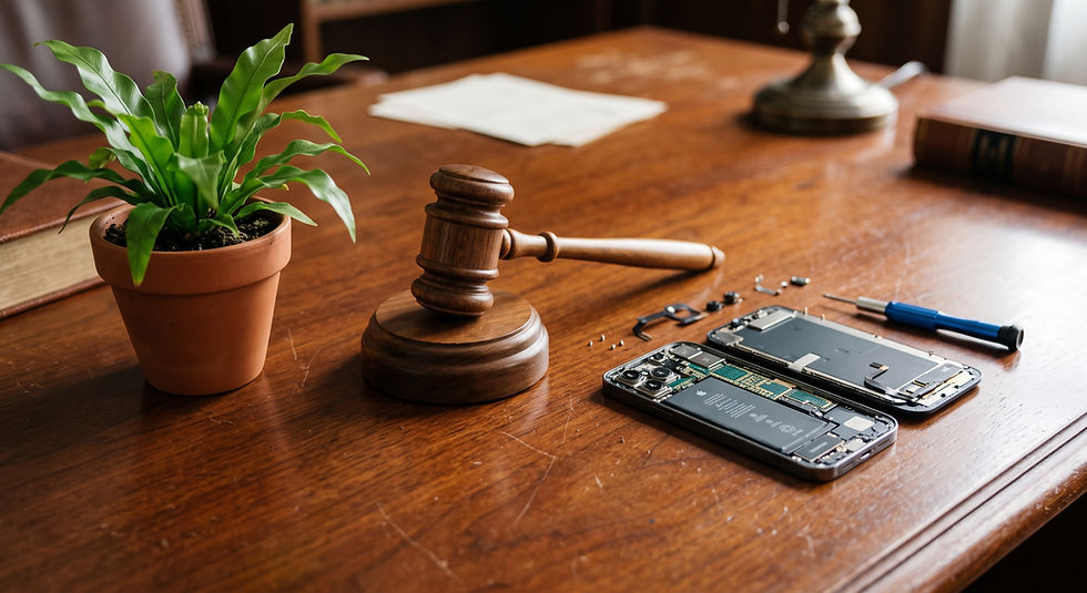 Un téléphone cassé et un marteau de juge pour en finir avec l'obsolescence programmée