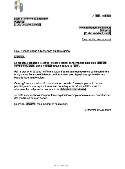 Lettre de congé pour locataire souhaitant quitter un logement étudiant à l’échéance du bail – Région Wallonne.
