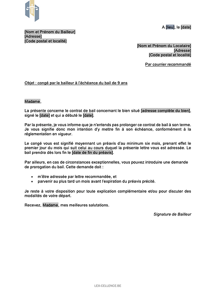 Modèle de lettre à utiliser par le bailleur pour notifier le congé à l’échéance d’un bail de 9 ans ou plus en Région Wallonne.