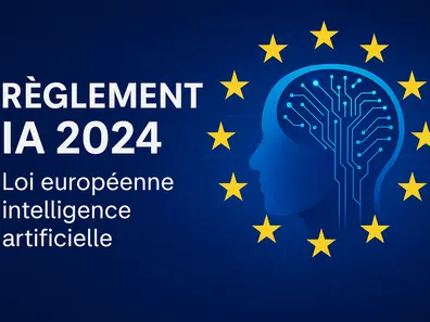 Illustration du Règlement IA 2024 avec une tête humaine stylisée en circuit imprimé entourée des étoiles de l’Union européenne – loi européenne sur l’intelligence artificielle