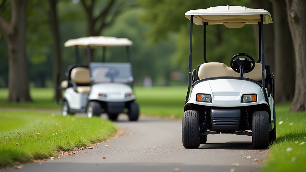 Eye-level view of a white golf cart parked on a paved path