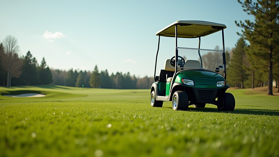 Eye-level view of a golf cart parked near a green golf course