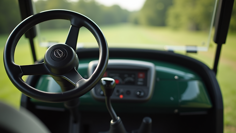 Close-up view of a golf cart dashboard showing controls and steering wheel