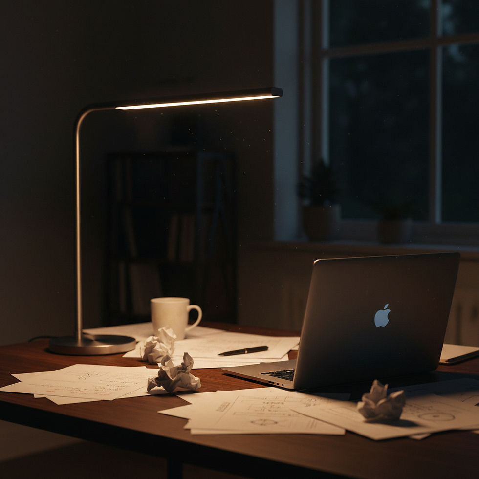 a modern desk lamp glowing over scattered papers and a laptop at night.jpg