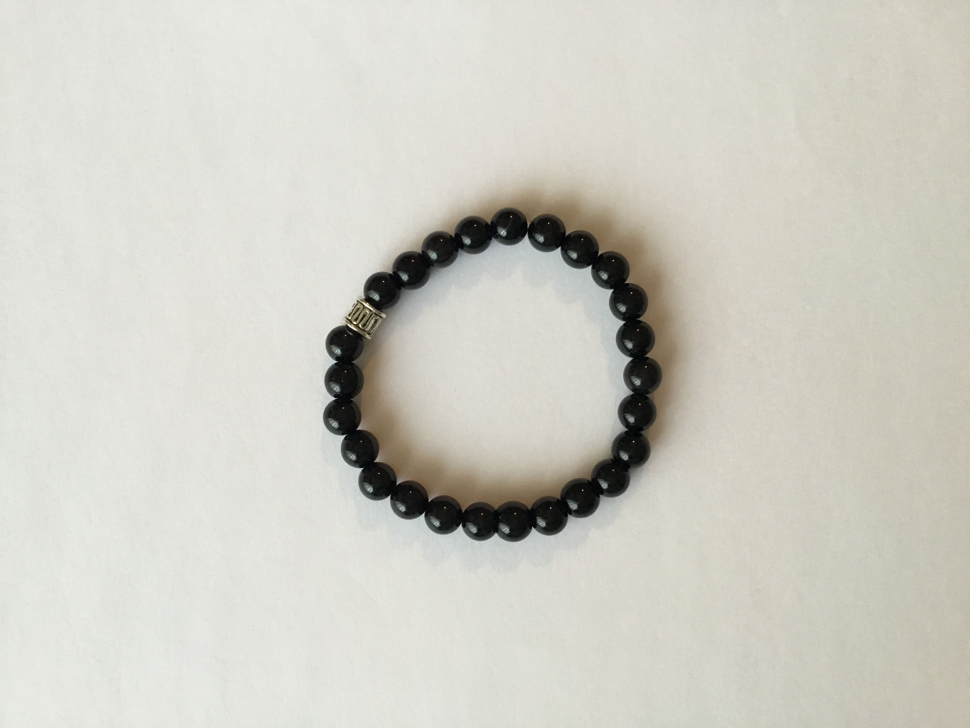 6 mm Black Onyx beads & designed gray metal bracelet