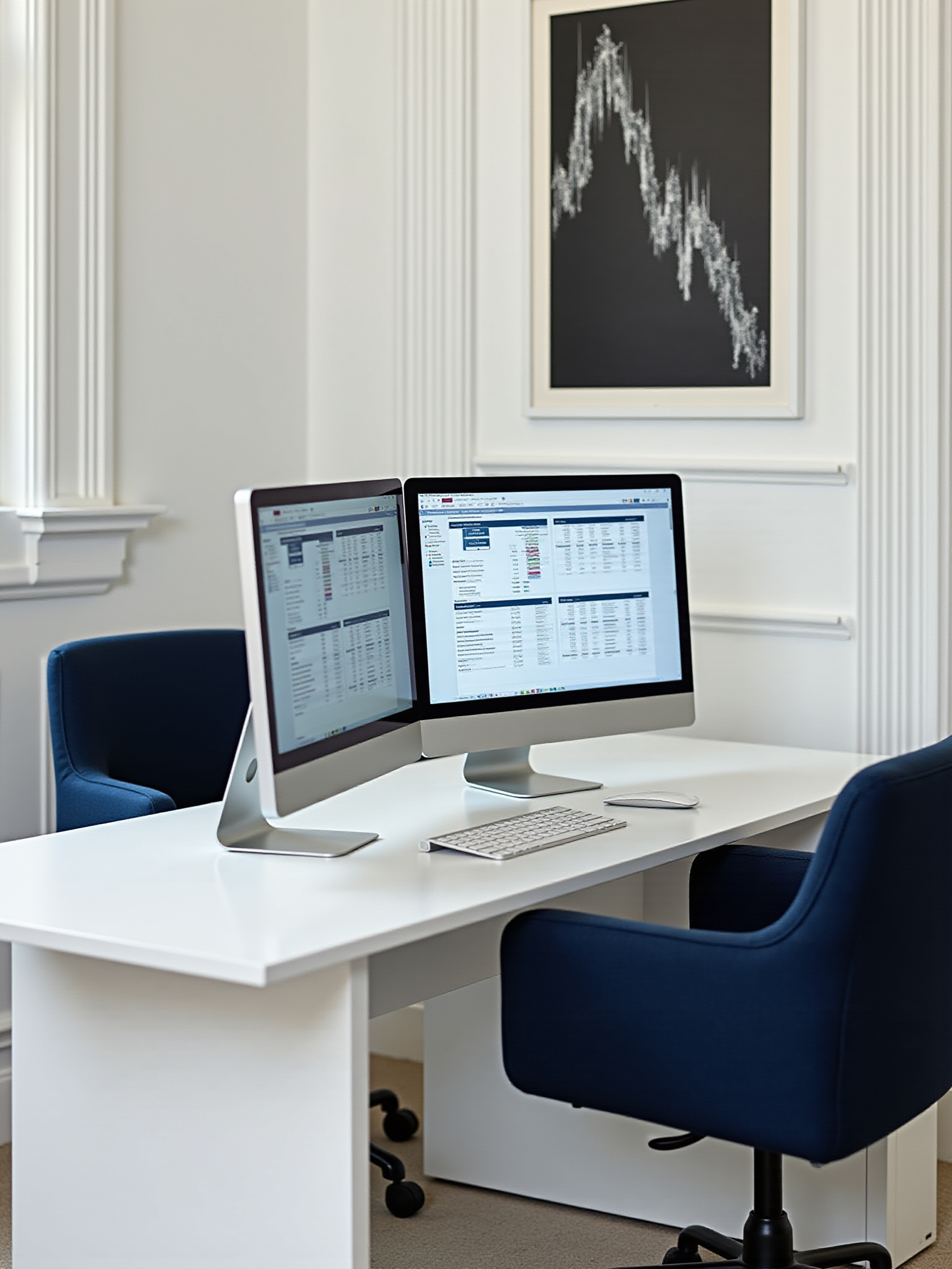 Two computer screens displaying data on a white desk; logistics solutions.