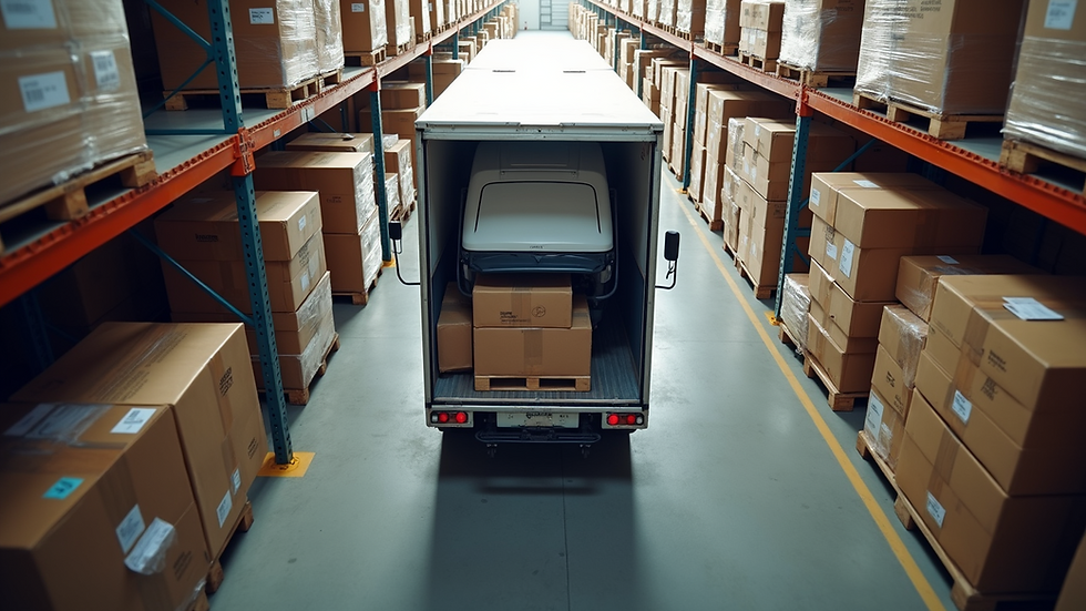 High angle view of a delivery truck loading goods at a distribution centre