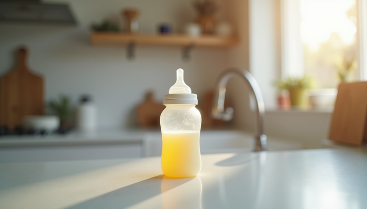 Eye-level view of a baby bottle filled with prepared Australian infant formula on a kitchen counter