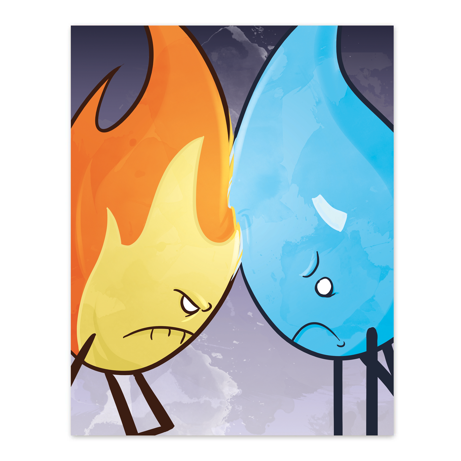 Illustration of fire head to head with water element. Fire is mad and water is sad. Art by Denis Caron.