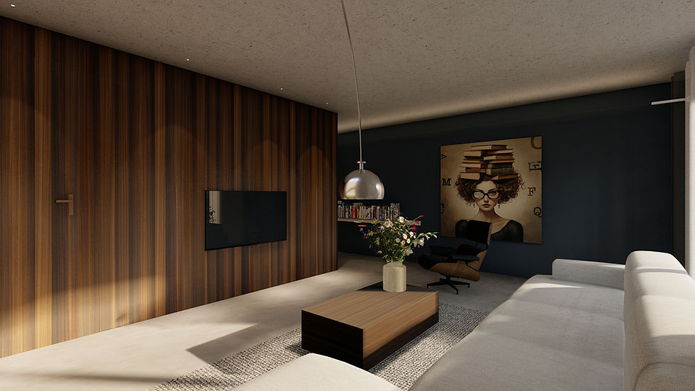 modern interieur met eucalyptus hout en davide groppi verlichting