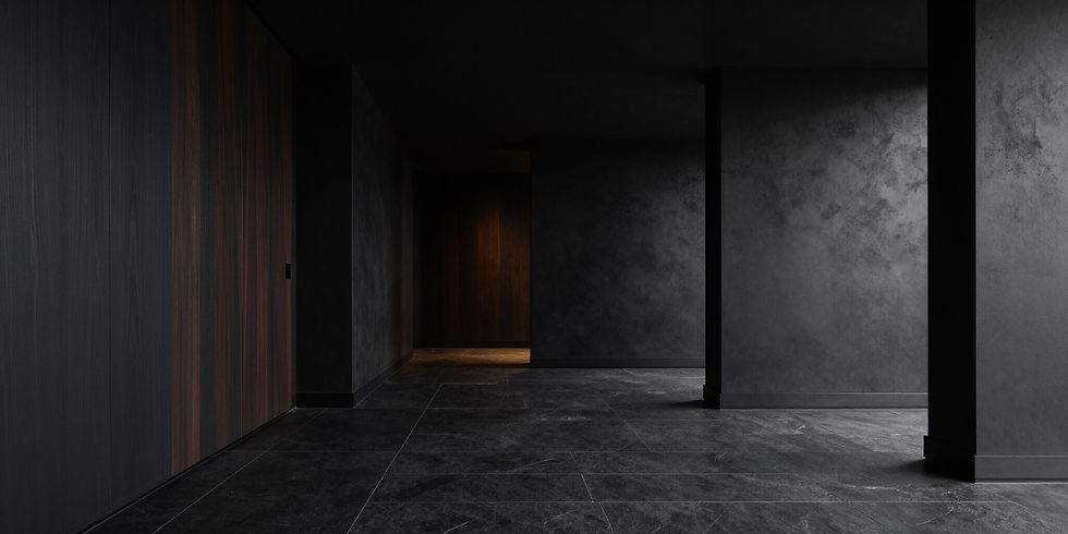 Renovation photography of a man installing wood paneling on a wall. The scene depicts a home improvement project in progress.
