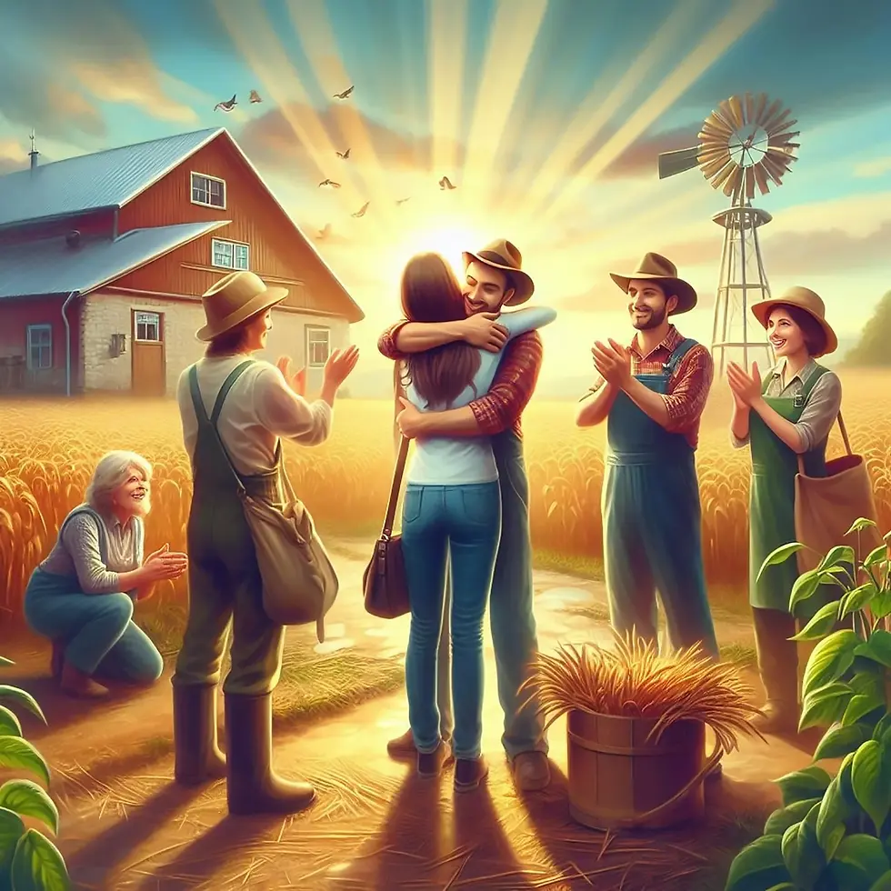 Happy farmers and a couple hug in a glowing wheat field by a barn and windmill at sunrise, with birds overhead.