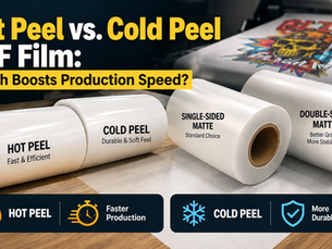Comparison of hot peel and cold peel DTF transfer film rolls showing thickness and peel timing differences for production speed
